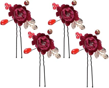 4pcs Red Flower Hair Sticks Bride Bridesmaid Hair Accessories U