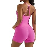 OMKAGI 2 Piece Workout Sets for Women Padded Sports Bra Tank Booty Gym Shorts with Pockets
