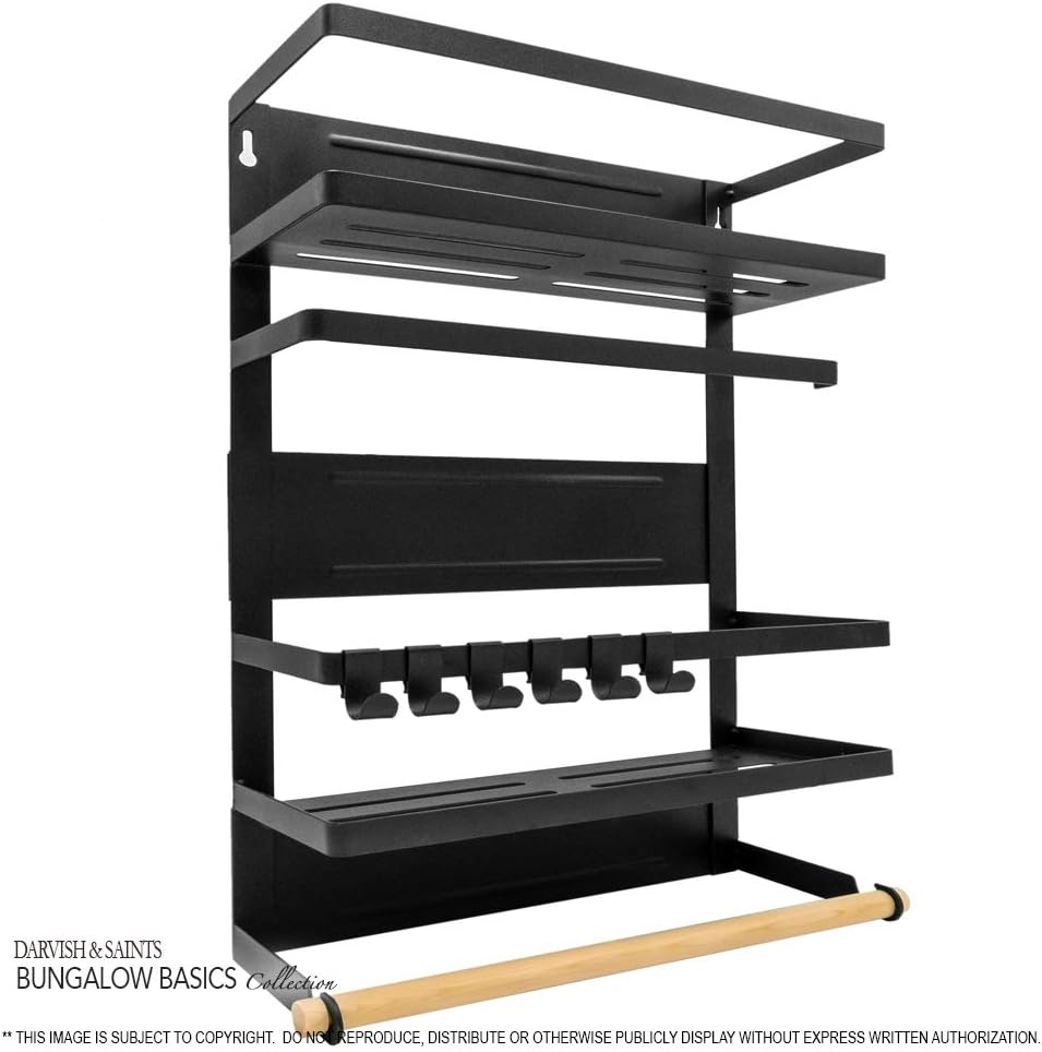 Darvish & Saints Magnetic Fridge Spice Rack Organizer [Large with 6 Utility Hooks] - 4 Tier Mounted Storage, Paper Towel Roll Holder, Kitchen Shelves, Pantry Wall, Laundry Room, Dorm, Garage [Black]: Home Improvement