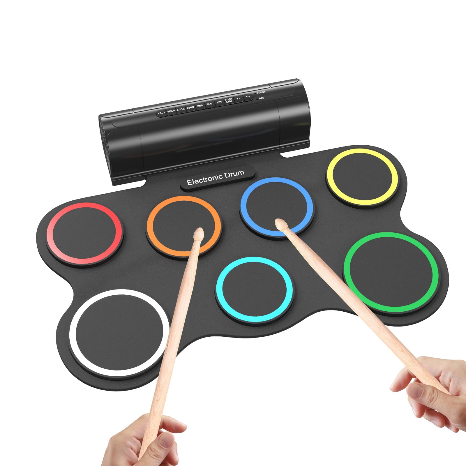 OYAYO Electronic Drum Kit, Practice 7 Pads Foldable Kids Drum Pad with Build-in Stereo Speaker, Drum Sticks, Portable Digital drum for Beginners, Kids Best Gift