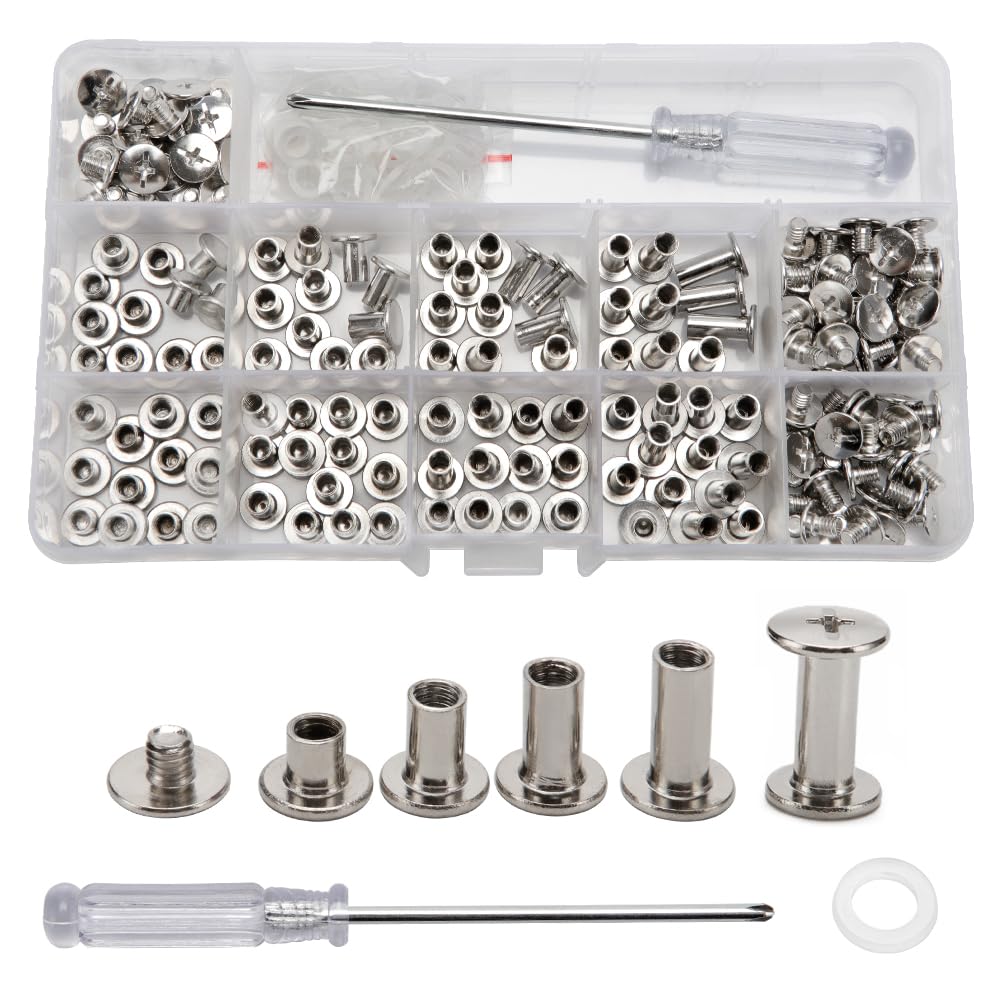 YIXISI 100 Set Chicago Binding Screws Assorted Kit, 4 Sizes Metal Round Cross Head Book Binding Screws & Posts, With Screwdriver, for DIY Leather Decoration Bookbinding, M5 5/8/10/12 mm, Silver