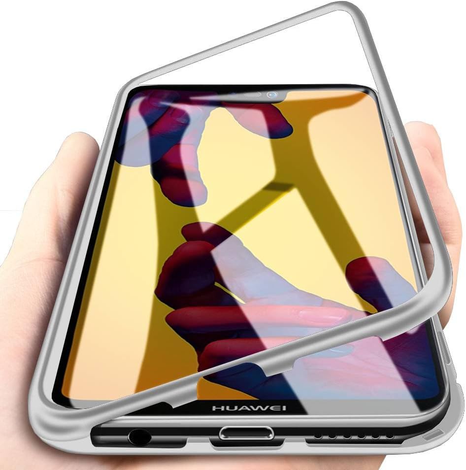 Huawei P20 Lite Case, Eabuy Aluminum Metal Bumper Frame + Transparent Tempered Glass Back 2 in 1 Magnetic Adsorption Case Cover for Huawei P20 Lite/Nova 3E Silver [with Screen Protector]