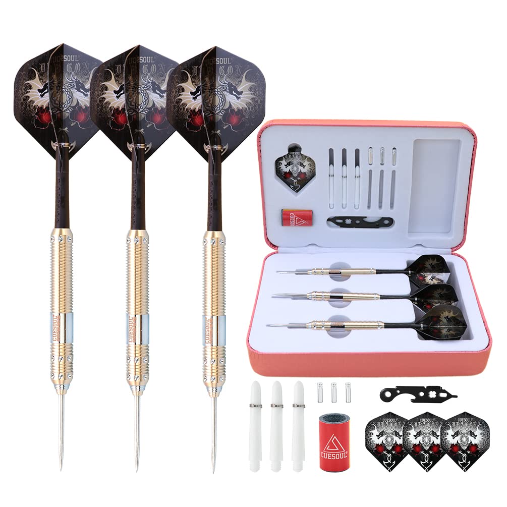 CUESOUL Dragon Series 23 Grams Professional Steel Tip Darts Set Brass Barrels Shockproof Deluxe PU Carry Case Nylon Shafts Well Balanced (JL-SL-J2101L)