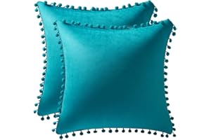 DEZENE Throw Pillow Cases 18x18 Turquoise: 2 Pack Cozy Soft Pom-poms Velvet Square Decorative Pillow Covers for Farmhouse Home Decor