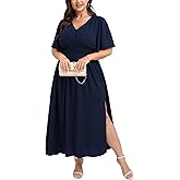 SCOMCHIC Women Plus Size Maxi Formal Dresses Wedding Guest Cocktail Short Sleeve V Neck Smocked Slit Long Flowy Dress