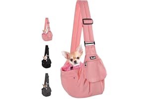 Lukovee Dog Sling Carrier, Hard Bottom Support & Adjustable Soft Padded Shoudler Strap Dog Slings for Small Dogs, Dog Purse with Drawstring Mesh Opening & Zipper Pockets for Puppy Cat Pet (Pink)