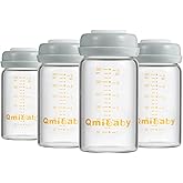 Qmibaby Glass Breastmilk Storage Bottles 180ml 6oz BPA-Free Leak-Proof Natural Baby Bottle for Breastmilk Storage Wide Neck Bottles with Screw Ring Sealing Disk Breastfeeding (Grey, 180ml-4Packs)