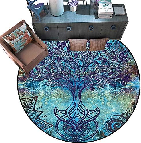 Ethnic Round Soft Area Rugs Grunge Style Tree Pattern with Ethnic Mandala and Spiral Shapes Blurry Artwork Perfect for Any Room, Floor Carpet （55" Diameter） Turquoise Brown