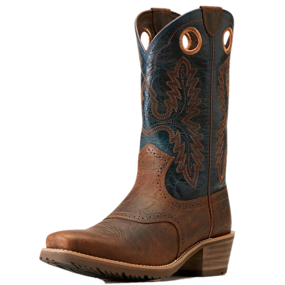 ARIAT Men’s Hybrid Roughstock Square Toe Western Boot – Fiery Brown Crunch/Western Blue, 7.5 Medium