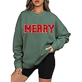 BOUTIKOME Merry Christmas Sweatshirts for Women Glitter Patch Merry Letter Shirts Chenille Patch Oversized Pullover Tops