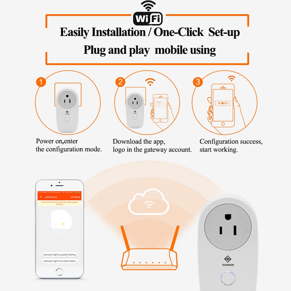 Smart Wireless WiFi Plug Socket - EVAIKON Plug Remotely Control Electrical Digital Power Timer Switch ON/OFF,Compatible with Alexa and Google home,No Hub Required,controled by Android/iOS Devices