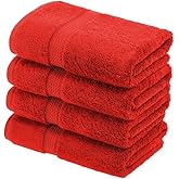 Superior Egyptian Cotton Pile Hand Towel Set of 4, Ultra Soft Luxury Towels, Thick Plush Essentials, Absorbent Heavyweight, Guest Bath, Hotel, Spa, Home Bathroom, Shower Basics, Red