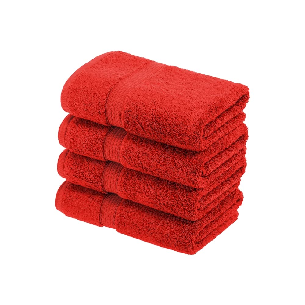Superior Egyptian Cotton Pile Hand Towel Set of 4, Ultra Soft Luxury Towels, Thick Plush Essentials, Absorbent Heavyweight, Guest Bath, Hotel, Spa, Home Bathroom, Shower Basics, Red