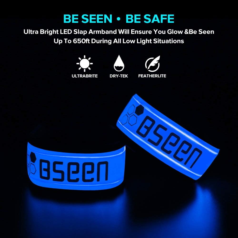 BSEEN LED Armband 2 Pack LED Slap Bracelets, Adjustable Strap Safety Light Armbands Glow in The Dark Night Running Gear for Jogging, Walking, Cycling, Camping Outdoor Sports (Blue) : Sports & Outdoors
