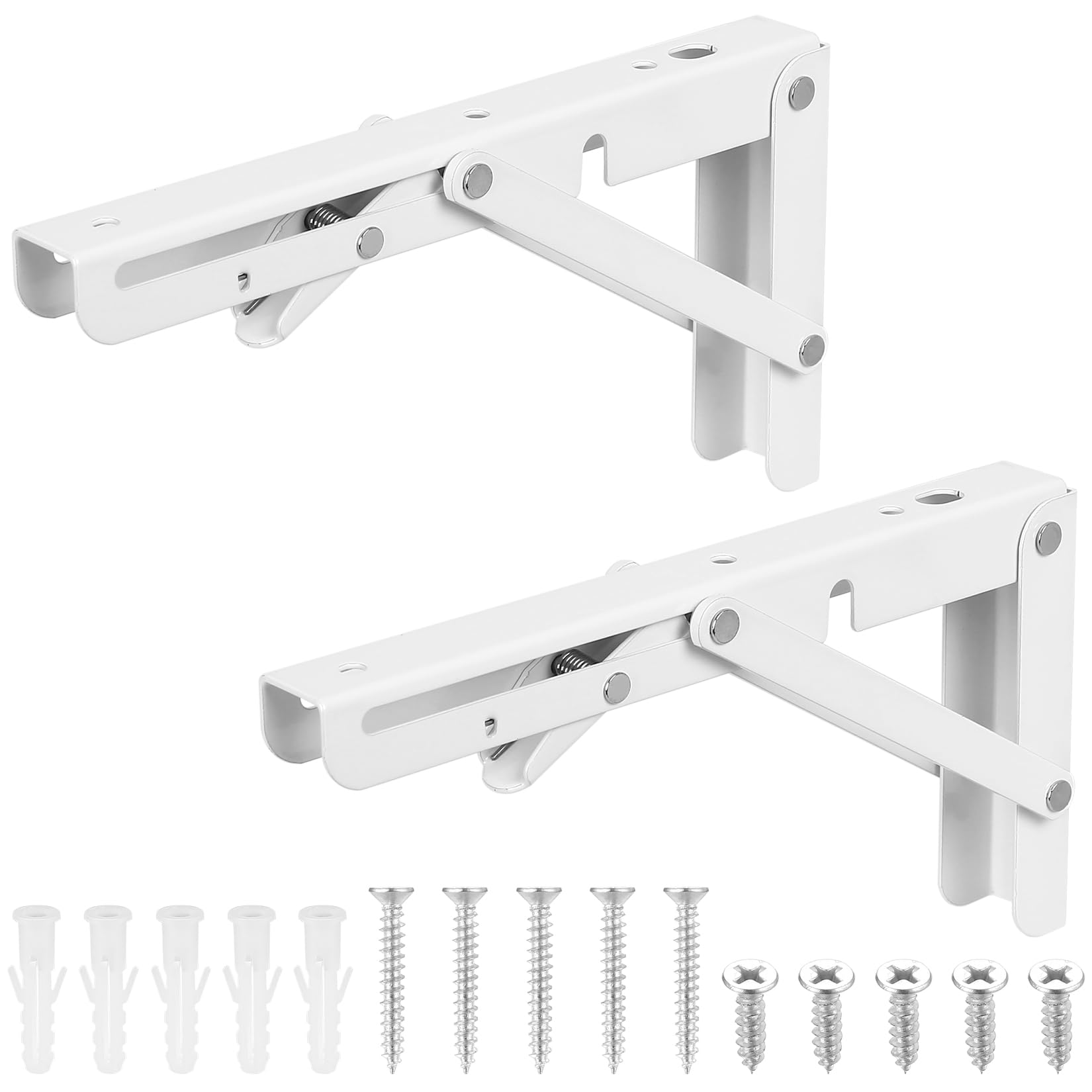2 Pcs Folding Shelf Brackets Heavy Duty, Foldable Metal Wall Brackets for Shelves Brackets, Collapsible Shelf Brackets & Supports Wall Mounted, Folding Hinges for Bench Table Shelf (White 8 lnch)
