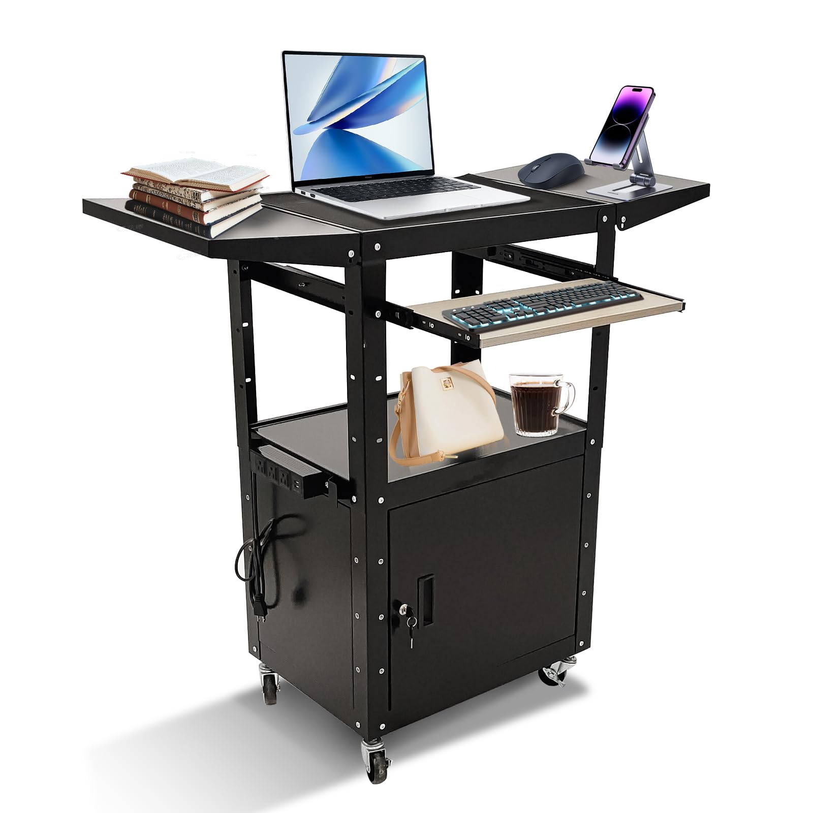 Photo 1 of YXINANOM AV Cart, Steel AV Cart with Locking Cabinet and Pullout Keyboard Tray, Adjustable-Height Rolling Media Cart with Wheels & Power (43”x18”x43”)