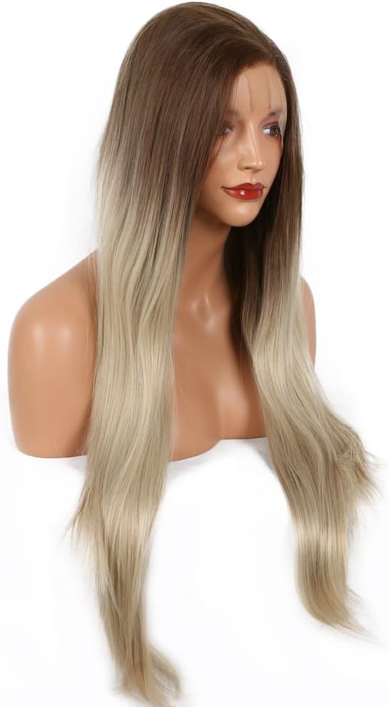 Long Straight Wigs for Women Ombre Brown Blonde Pre Plucked Natural Hairline Synthetic Lace Front Wig Heat Resistant Fiber Hair Replacement Wigs for Daily Party Halloween Use 24" - Image 4