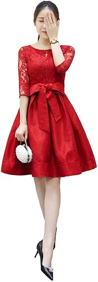 Amazon 大人 かわいい 刺繍 レース 切り替え リボン ワンピース ドレス 結婚式 パーティー 黒 赤 M レッド イブニングドレス 通販