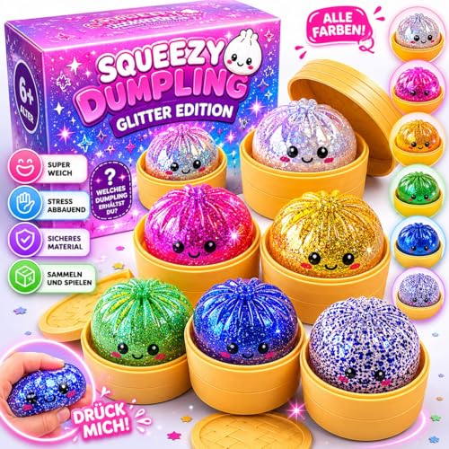 Posten Anker XXL Glitzer Squishy Dumpling Mystery Box 1 von 6 Sorten – Virale Squishy Steamed Buns 10 cm – Anti Stress Kawaii Mochi Squishies – Cute Mystery Korb Geschenkidee - Glitzer Füllung