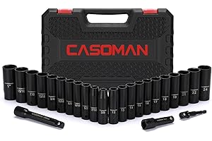 CASOMAN 25PCS 1/2" Drive Impact Socket Set, Deep, Cr-V Steel, 6 Point, Metric&SAE, 12mm to 24mm, 3/8 Inch to 1 Inch, Includes