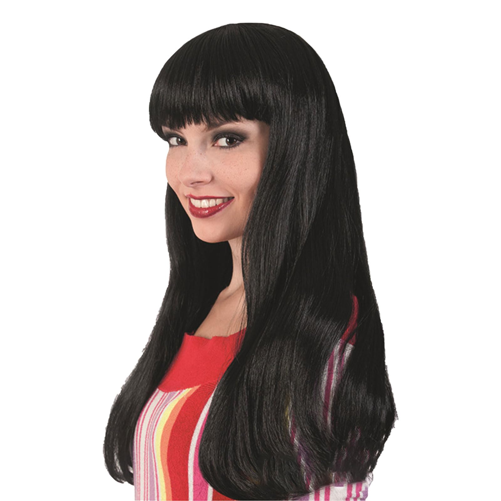 VIKSAUN Long Straight Black Wigs Flat Bangs and Straight Hair Slightly Curled Wig Long Curly Fancy Dress Wigs with Hair Bangs Natuaral Synthetic Layered Brunette Wig Party (Black)