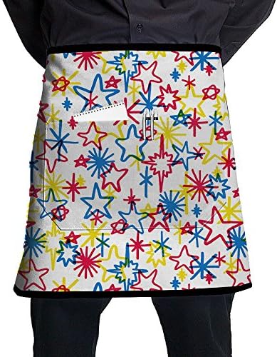 FEJI Star Wallpaper Half-Length Short Waist Print Apron With Pocket For Barbecue, Kitchen