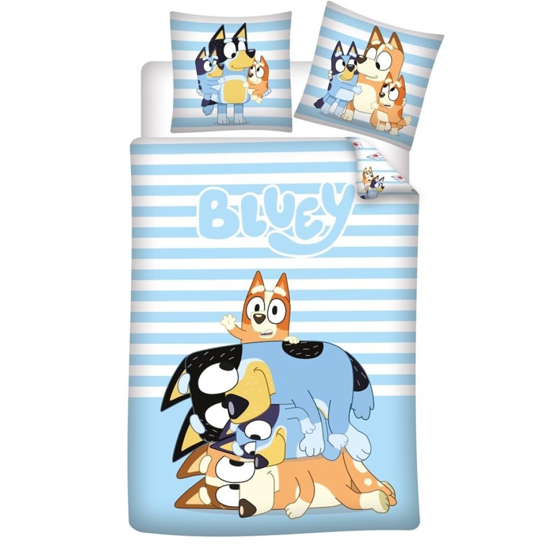 Aymax Bluey And Family Soft Reversible Bedding,100% Cotton, Single Size Duvet Cover And Pillow Set For Kids, 135x200 cm + 48x74 cm