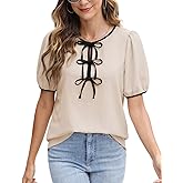 CiCiBird Womens Dressy Casual Shirt Summer Work Blouses Tie Front Puff Short Sleeve Tops