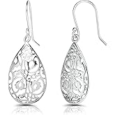 Hoops & Loops 925 Sterling Silver Teardrop Filigree Dangle Hook Earrings for Women, Silver, Yellow and Rose Gold Flashed Sterling Silver