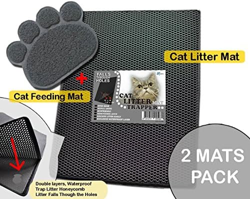 Ballmie Cat Litter Mat (2-mat set) Double-Layer Honeycomb -XL Size (30"×23") + Cat feeding mat ,Litter-Trapping, Waterproofed, Exclusive Urine, Light EVA Material, for cat litter box, non-toxic soft