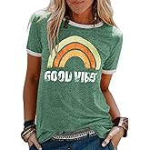 Womens Rainbow Graphic T-Shirts Summer Short Sleeve Crew Neck Vintage Graphic T Shirts Tops