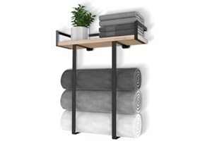 Bathroom Wall Mounted Towel Rack - Metal Towel Holder with Wooden Shelf, Easy to Install, Fits Large Folded Towels, Towel Sto