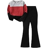 Cakaner Toddler Girls Clothes Ribbed Color Block Pullover Tops + Flare Pants Set Fall Outfits