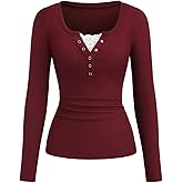 winkbay Women's Ruched Button Front Henley Shirts Fall Lace Trim Scoop Neck Ribbed Knit Y2k Tops