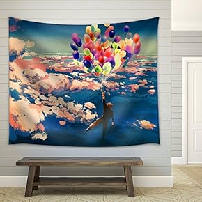 Illustration - Man Flying with Colorful Balloons in Beautiful Cloudy Sky,Illustration Painting - Fabric Wall Tapestry Home Decor - 51x60 inches