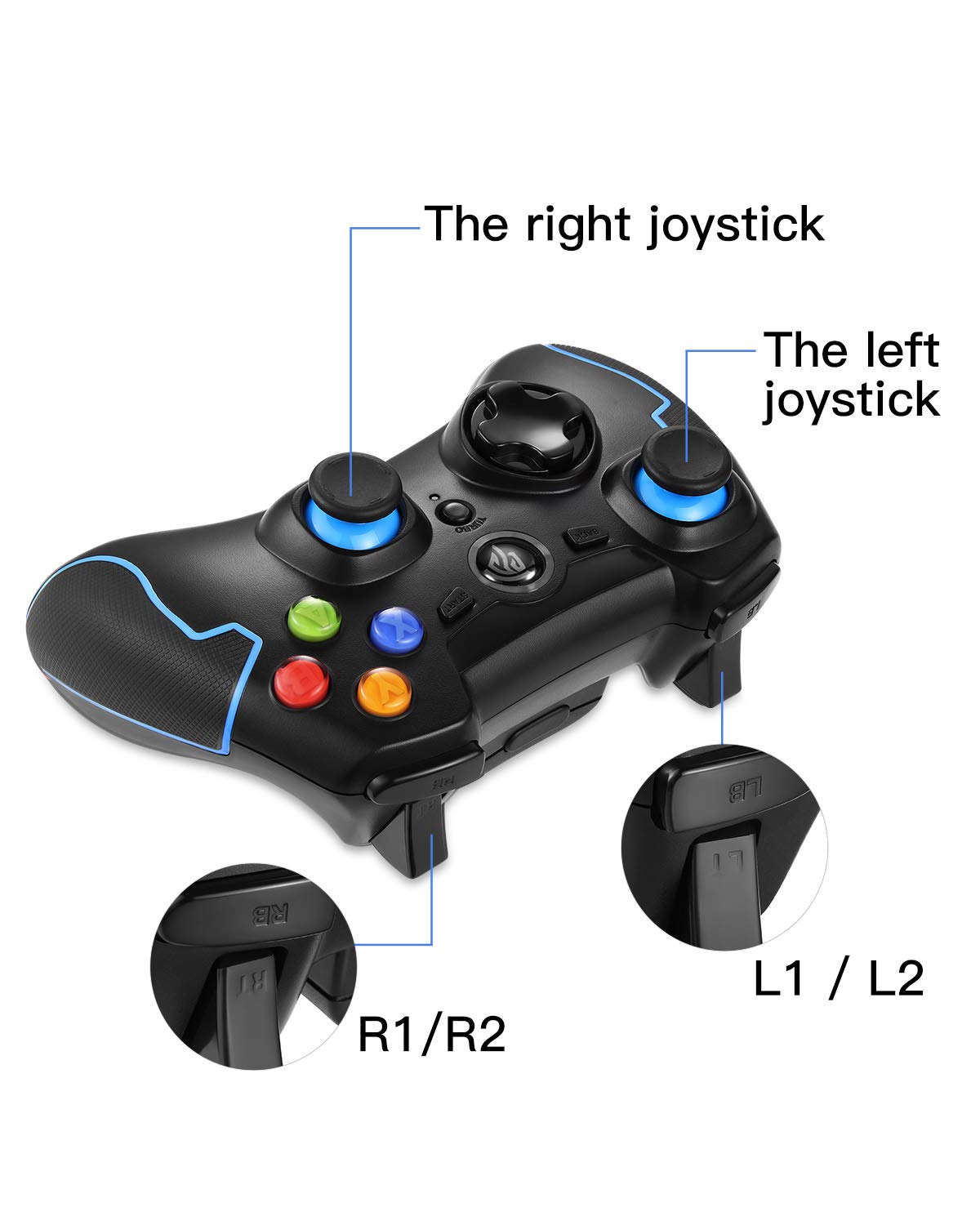 EasySMX Wireless 2.4G Game Controller with Vibration Fire Button range up to 10m Support PC (Windows XP/7/8/8.1/10), PS3, Android, Vista, TV Box Portable Gaming Joystick Handle (Black and Blue)