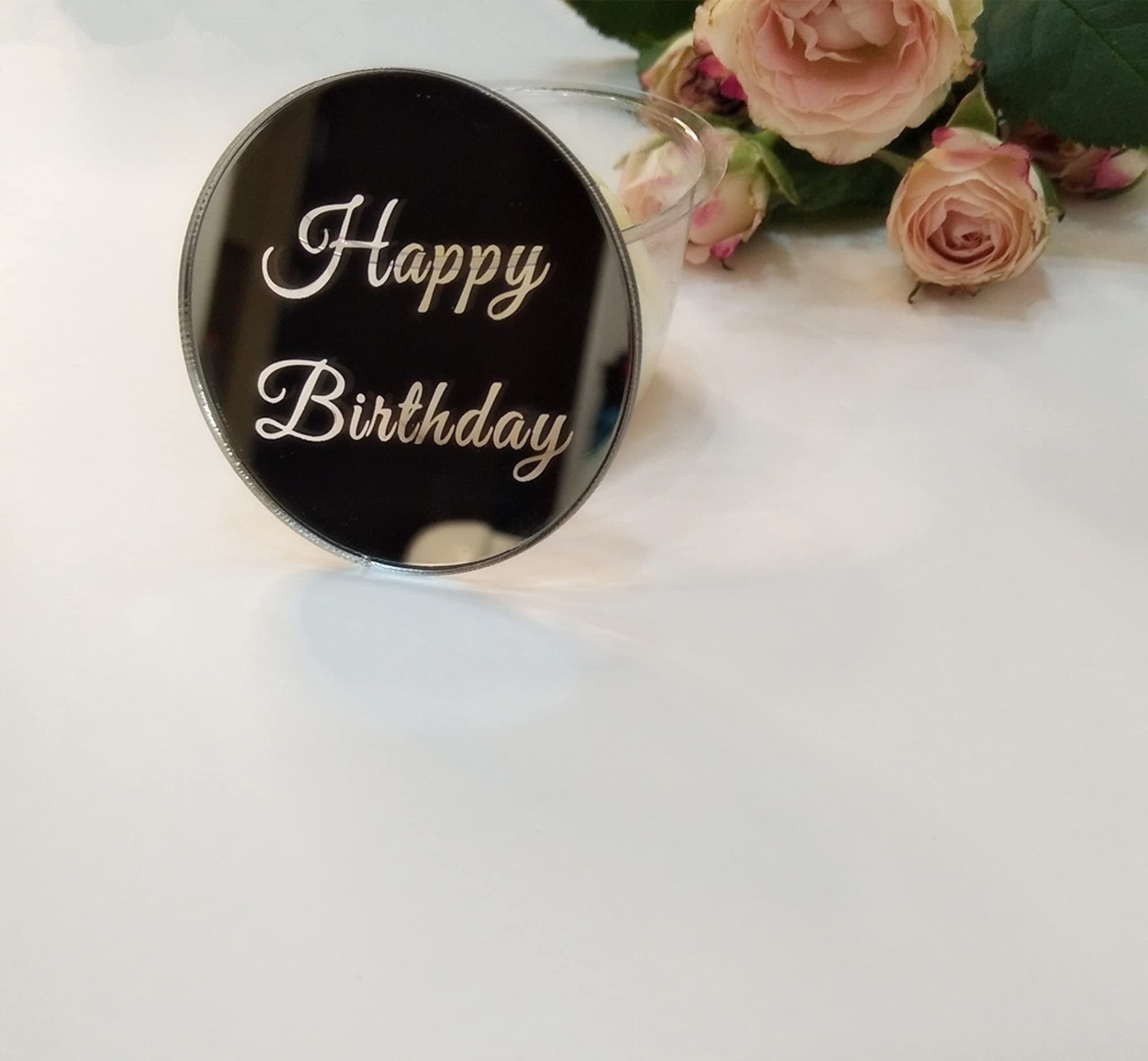 12pcs Mirrored Happy Birthday Cake Disc Cupcake Toppers, Acrylic Cake Charm, Engraved Topper,Mini Acrylic Cake Toppers (Silver Mirror)