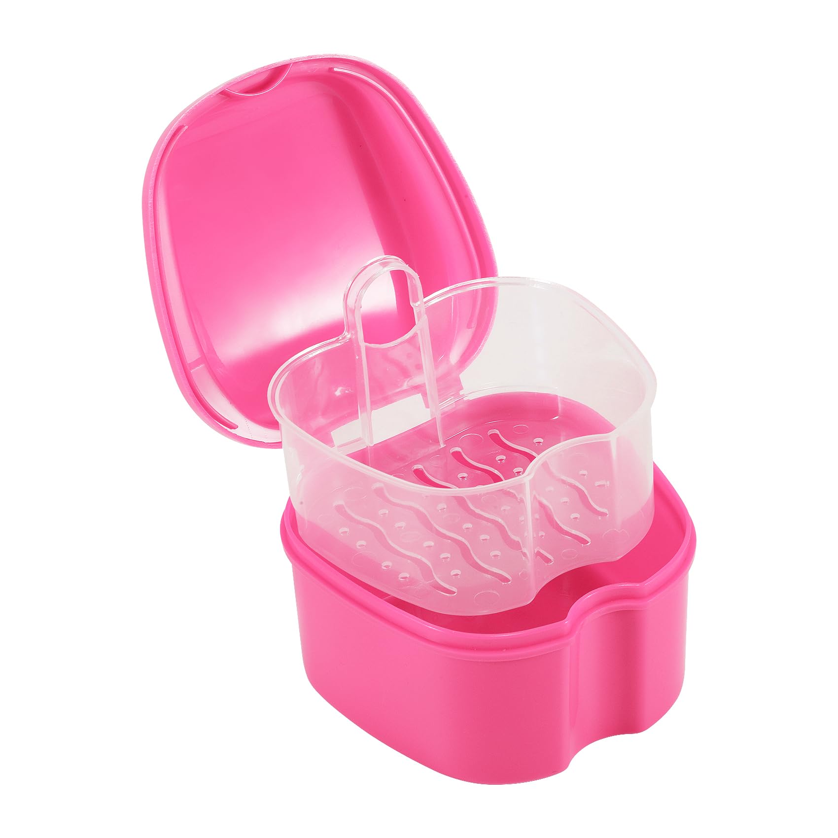 Denture Box with Removable Filter Basket, False Teeth Container for Teeth Cleaning, Portable Denture Case with Lids for Storing Soaking Retainers (Pink)