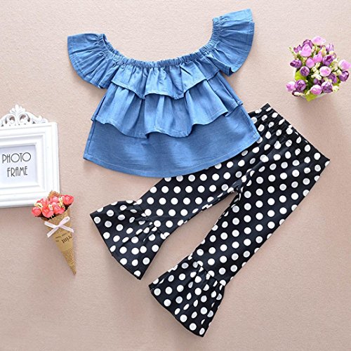 Jchen for 0-4 T Kids, (TM) Toddler Kids Baby Girls Summer Outfits Off Shoulder Denim Tops+Flares Pants Clothes Set (Age: 1-2 Years Old)