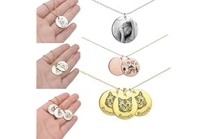 TIRXUIND Personalized Pet Portrait Necklace Custom Photo Engraved Round Disc Choose 1 to 3 Pendants Gold, Rose Gold, or Silve