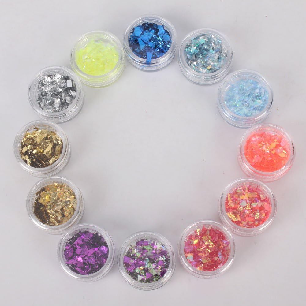 12 Color Nail Art Uv Gel Acrylic Crushed Shell Glitter Flakes Tips Decoration