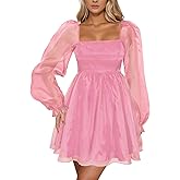 Aisbei Women's Square Neck Puff Sleeve Babydoll Dress Backless Casual A-Line Short Mini Dresses