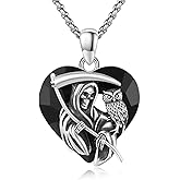 Santa Muerte Necklace for Men Sterling Silver Owl Skull Grim Reaper Pendant Heart Crystal Oxidation Skull Holy Death Scythe Aumelt Charm Necklace Jewelry Gifts for Father's Day Halloween Christmas