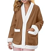Forandiu Fleece Jacket Womens Sherpa Button Lounge for Home Winter Loungewear Flannel Shacket Fuzzy Sweaters Bed Coat