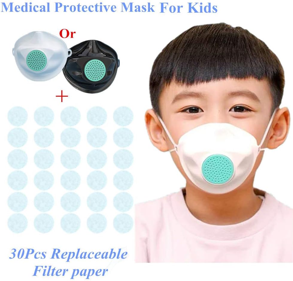 Medical Mask Protective for Kids Food Grade TPE Soft Gel Washable, KN95 Certified + 30 Replaceable Filter Paper (Black)