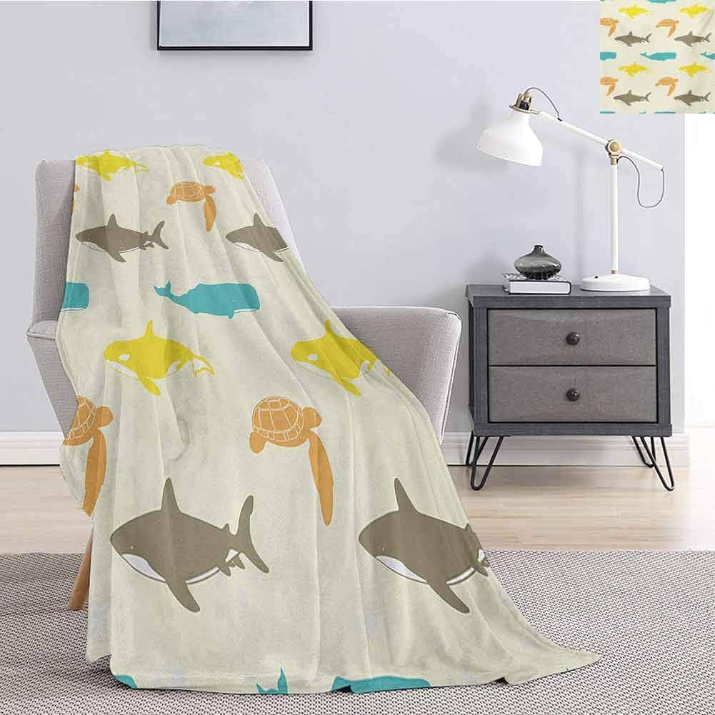 Luoiaax Sea Animals Fluffy Blanket Microfiber Pattern with Whale Shark and Turtle Aquarium Doodle Style Marine Life Fluffy Decorative Blanket for Couch W70 x L70 Inch Ivory Taupe Peach