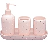 Bathroom Accessories Sets 4-Piece, Premium Pastel Heart Bathroom Accessory Complete Set - Toothbrush Holder, Lotion Soap Dispenser, Vanity Tray, Bathroom Tumbler for Countertop Vanity (Pink)
