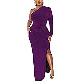 Womens Elegant Long Sleeve Evening Party Dresses Purple Sexy Formal One Shoulder Evening Gowns High Split Cocktail Dress(Purple,Medium)