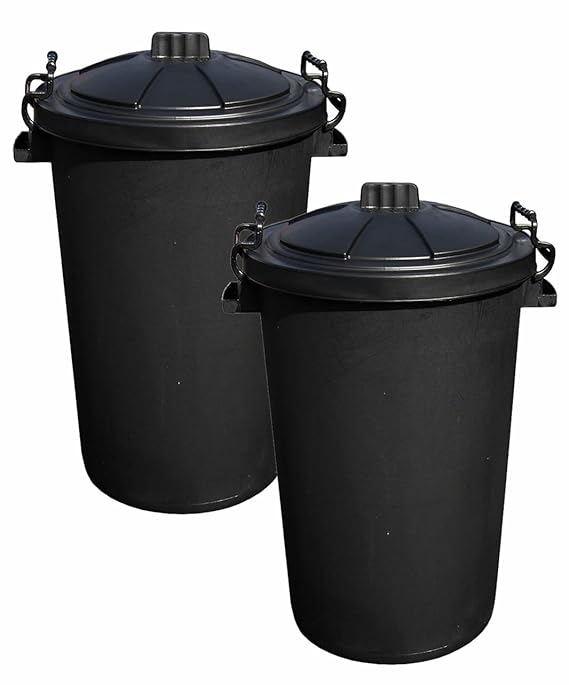 2 x 80/85L HEAVY DUTY BLACK PLASTIC RUBBISH REFUSE BIN WASTE W/ LOCKING