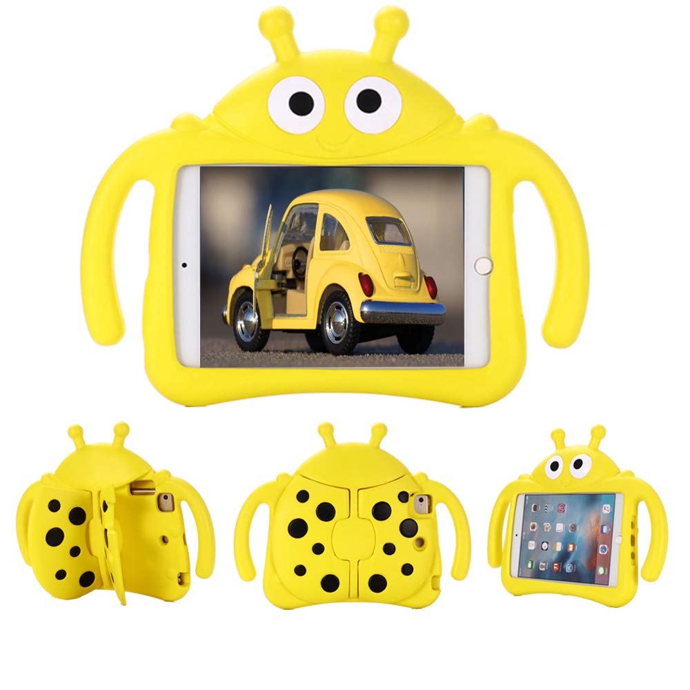 Tading Kids iPad Mini Case, Children Friendly EVA Foam Shockproof Kid Proof Handle Stand Bumper Cover for iPad Mini 1,2,3,4,5 [NOT FOR iPad Mini 6 2021], Cute Ladybug - Yellow